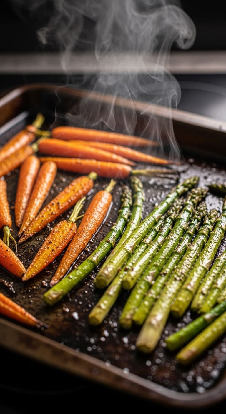 Freshly roasted asparagus and carrots on baking sheet with glistening oil and rising steam