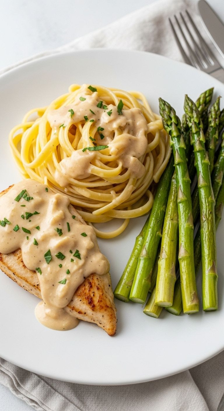Plated creamy garlic parmesan chicken with fettuccine pasta and roasted asparagus on white ceramic plate