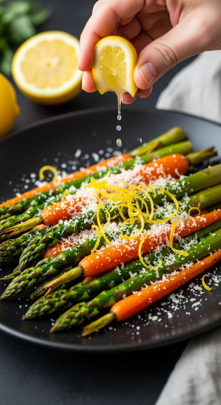 Roasted asparagus and carrots on dark platter topped with Parmesan and lemon zest with hand squeezing lemon wedge