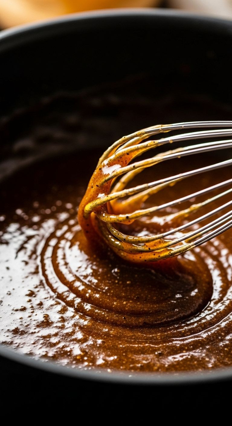 Whisk stirring thick glossy honey pepper sauce in saucepan close-up