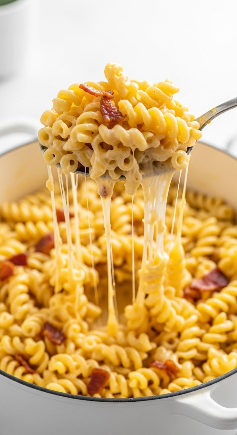 Spoon lifting cheesy spiral pasta with bacon from white pot in cheese pull close-up