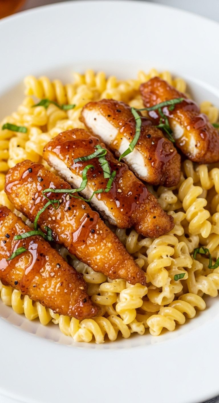 Bowl of creamy mac and cheese topped with honey pepper chicken tenders and fresh basil garnish