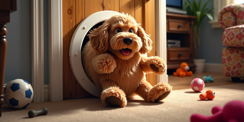 A humorous and whimsical indoor scene featuring Big Belly Bob BBB a plush labradoodle with an absurd.jpg