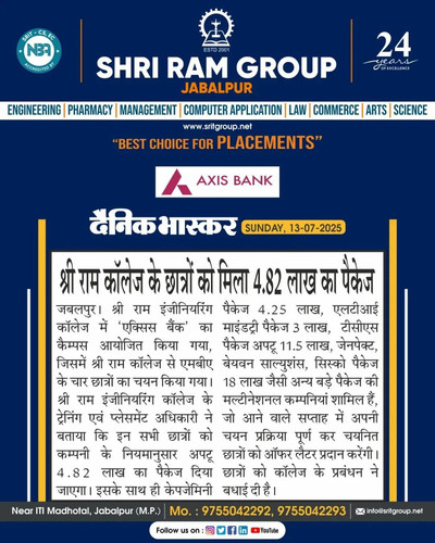 Dainik Bhaskar News Shri Ram Group Jabalpur Students Placed in Axis Bank with 4.82 LPA Package.jpg