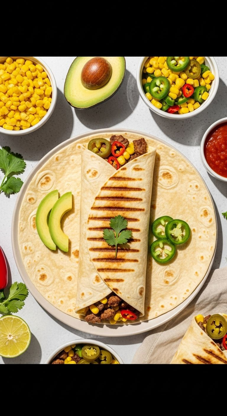 Golden-grilled Tex-Mex wrap with seasoned beef, corn, jalapeños, and cilantro, surrounded by ingredient bowls