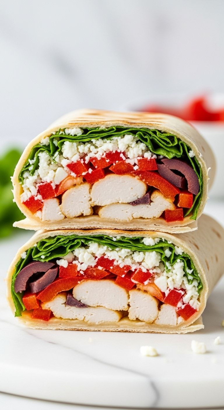 Fresh Greek chicken wrap with red peppers, lettuce, feta, and olives on marble surface
