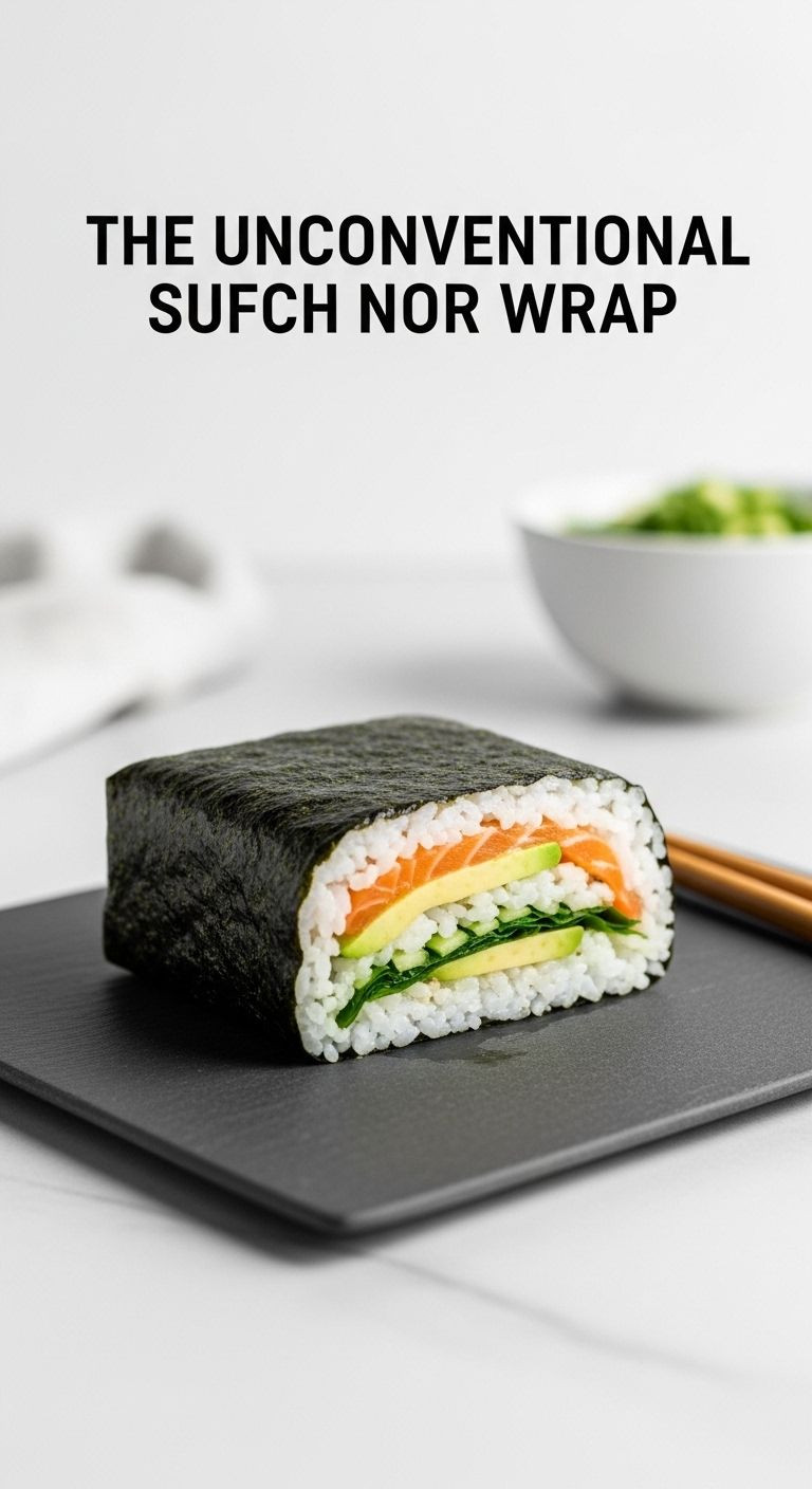 Sushi nori wrap with salmon, avocado, and rice cut on diagonal, served with chopsticks