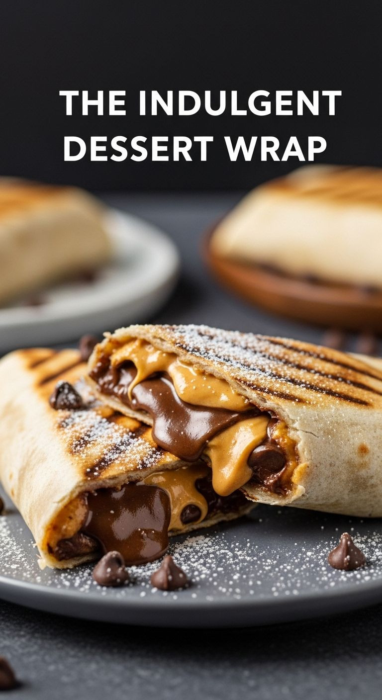Grilled dessert wrap with melted Nutella, peanut butter, chocolate chips, and powdered sugar
