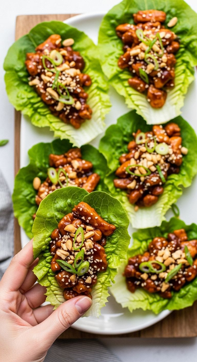 Asian chicken lettuce wraps garnished with peanuts and green onions on rustic board