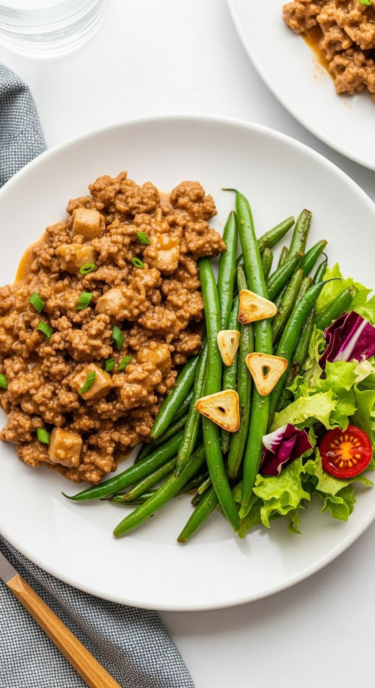 Ground beef stroganoff with roasted garlic green beans and side salad on dinner plate