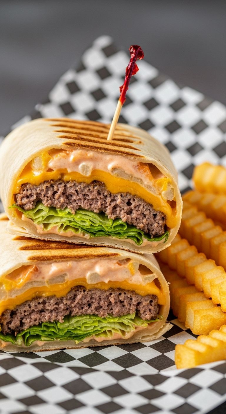 Grilled cheeseburger wrap with burger meat, melted cheese, lettuce, and crinkle-cut fries on checkered paper