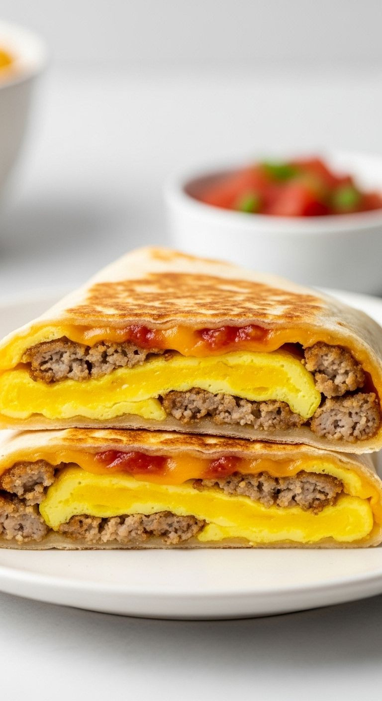 Golden-brown folded breakfast wrap with scrambled eggs, sausage, and melted cheddar on white plate