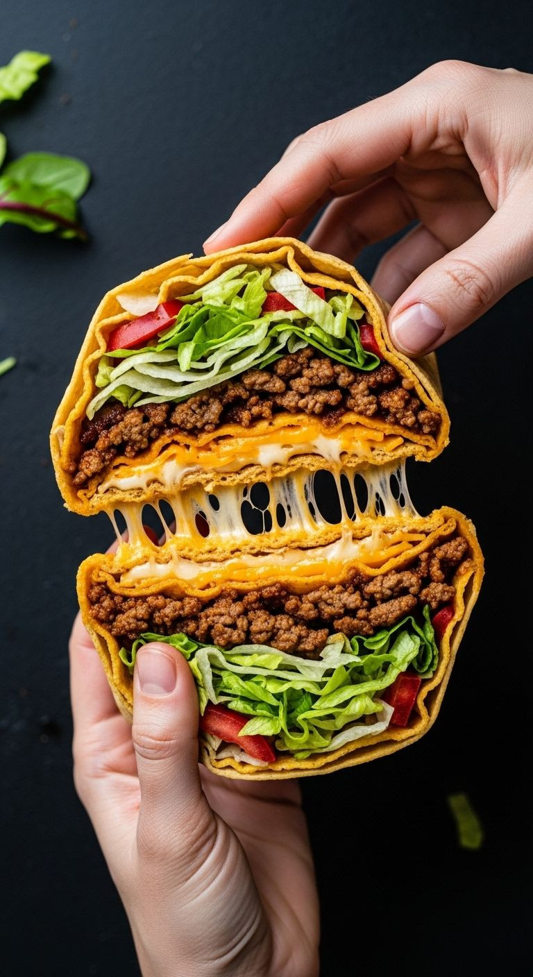Golden-brown folded wrap with seasoned beef, nacho cheese, tostada shell, and lettuce showing cheese pull