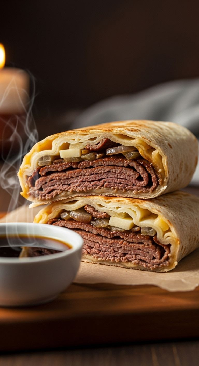French dip folded tortilla with beef, onions, and Swiss cheese, served with au jus