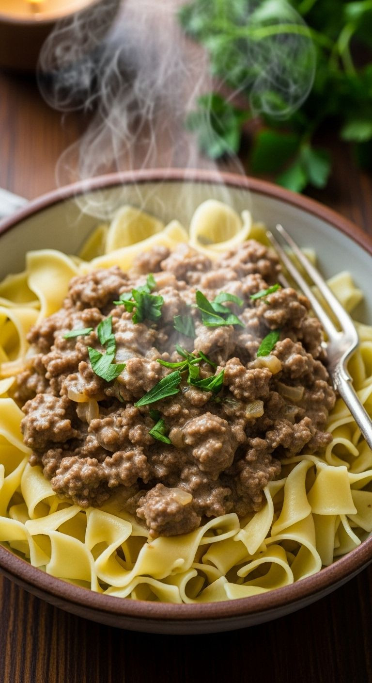 Creamy ground beef stroganoff over wide egg noodles, garnished with parsley in rustic bowl on wooden table