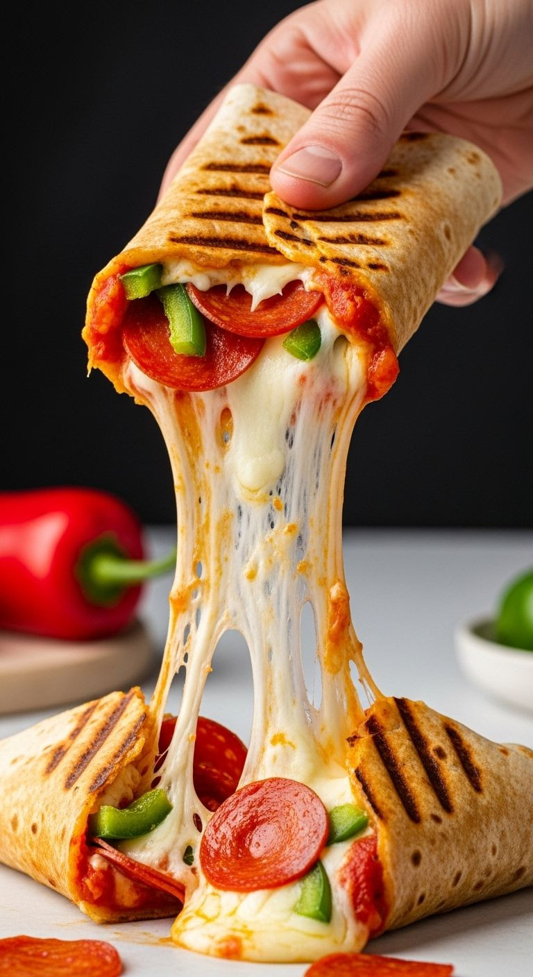 Grilled pizza wrap with melted mozzarella, pepperoni, and green pepper showing cheese pull