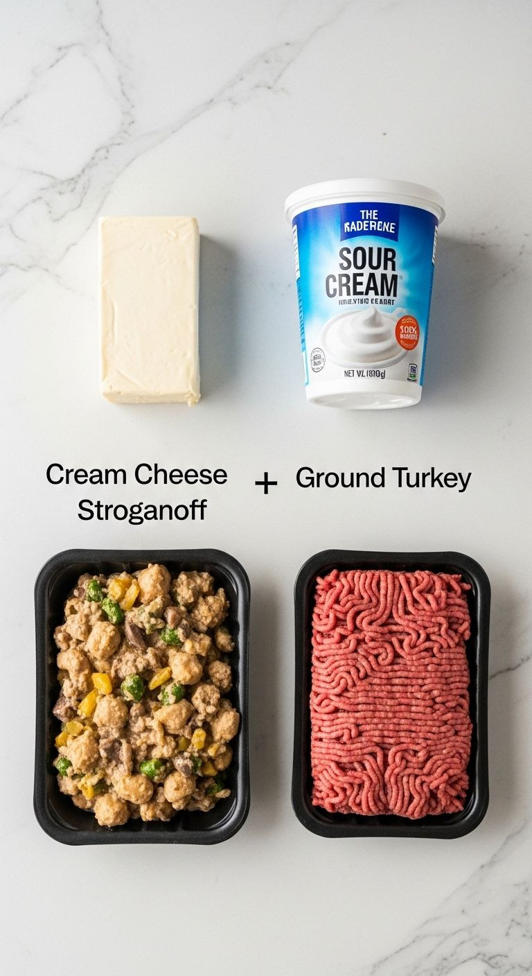 Ingredient substitution options for creamy ground beef stroganoff, including cream cheese, sour cream, ground turkey, and ground beef