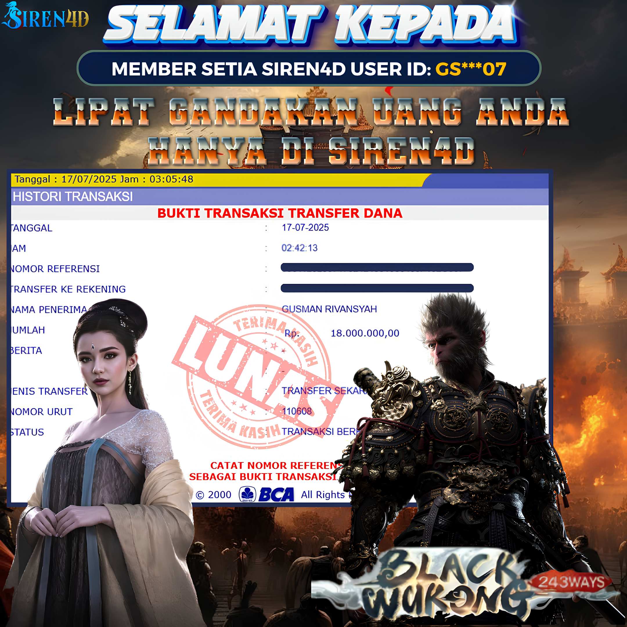 SIREN4D  - JACKPOT DI GAME SLOT BLACK WUKONG RP 17JT DIBAYAR LUNAS