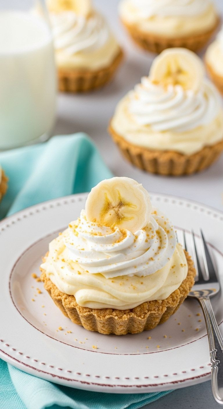 Close-up of a finished No-Bake Mini Banana Cream Pie garnished with whipped cream, banana slice, and graham cracker crumbs on a rustic white plate.