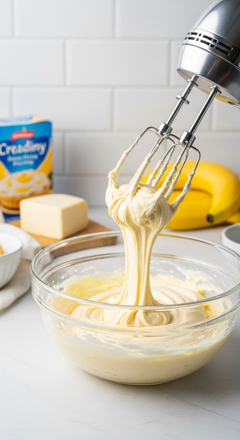 Hand mixer lifting beaters out of a glass bowl with smooth cream cheese and pudding filling, with a block of cream cheese and pudding box in the background.
