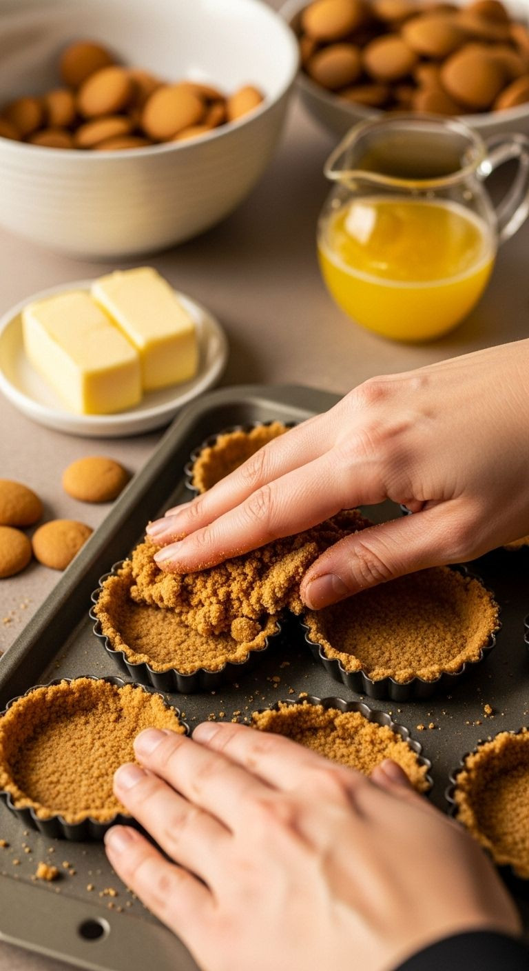 Hands pressing a buttery Nilla Wafer crumb mixture into a mini tartlet pan, with a bowl of crushed wafers and melted butter in the background.