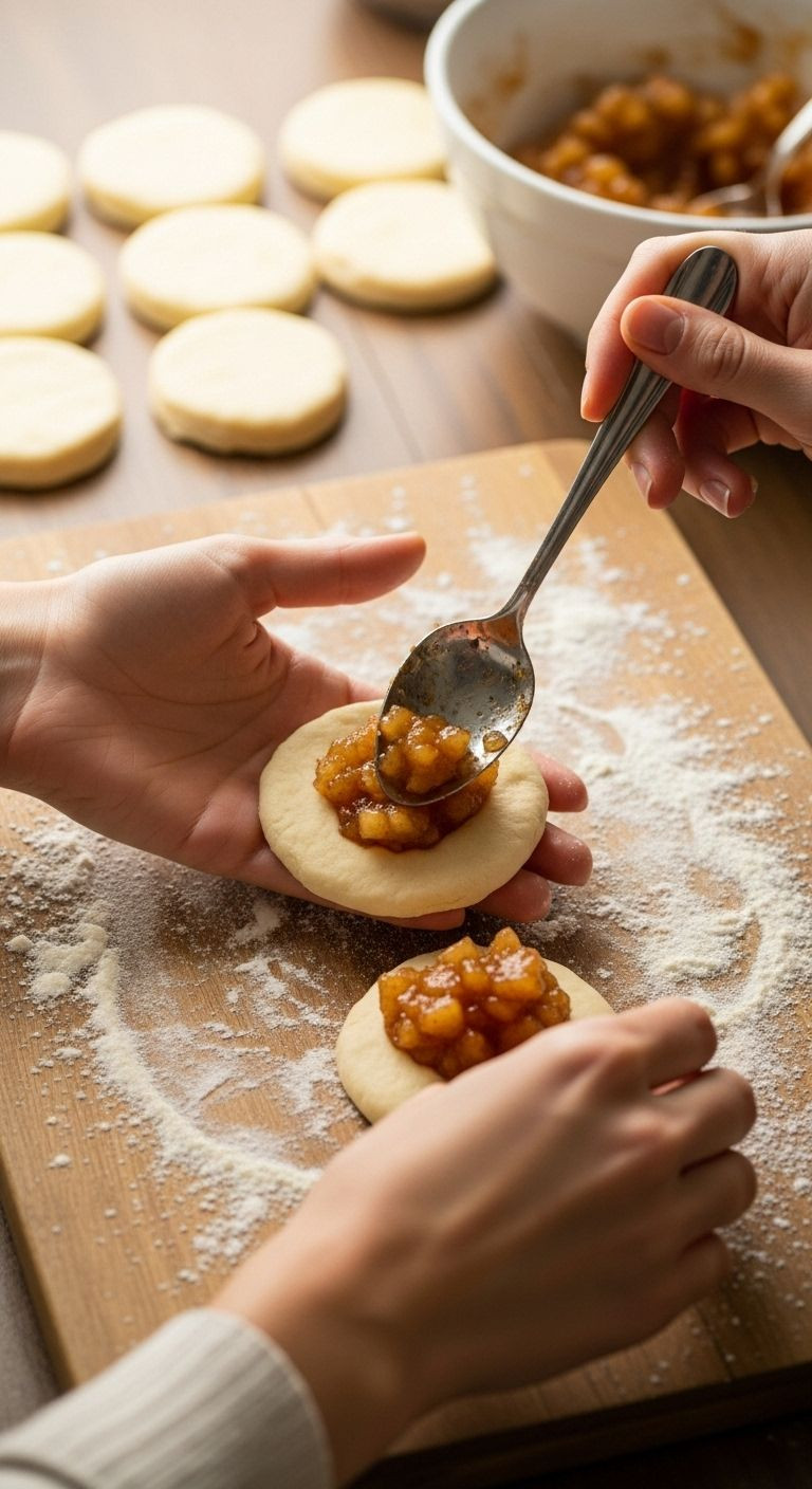 Hands assembling an apple pie bomb with biscuit dough and cinnamon-apple filling on a lightly floured wooden board.