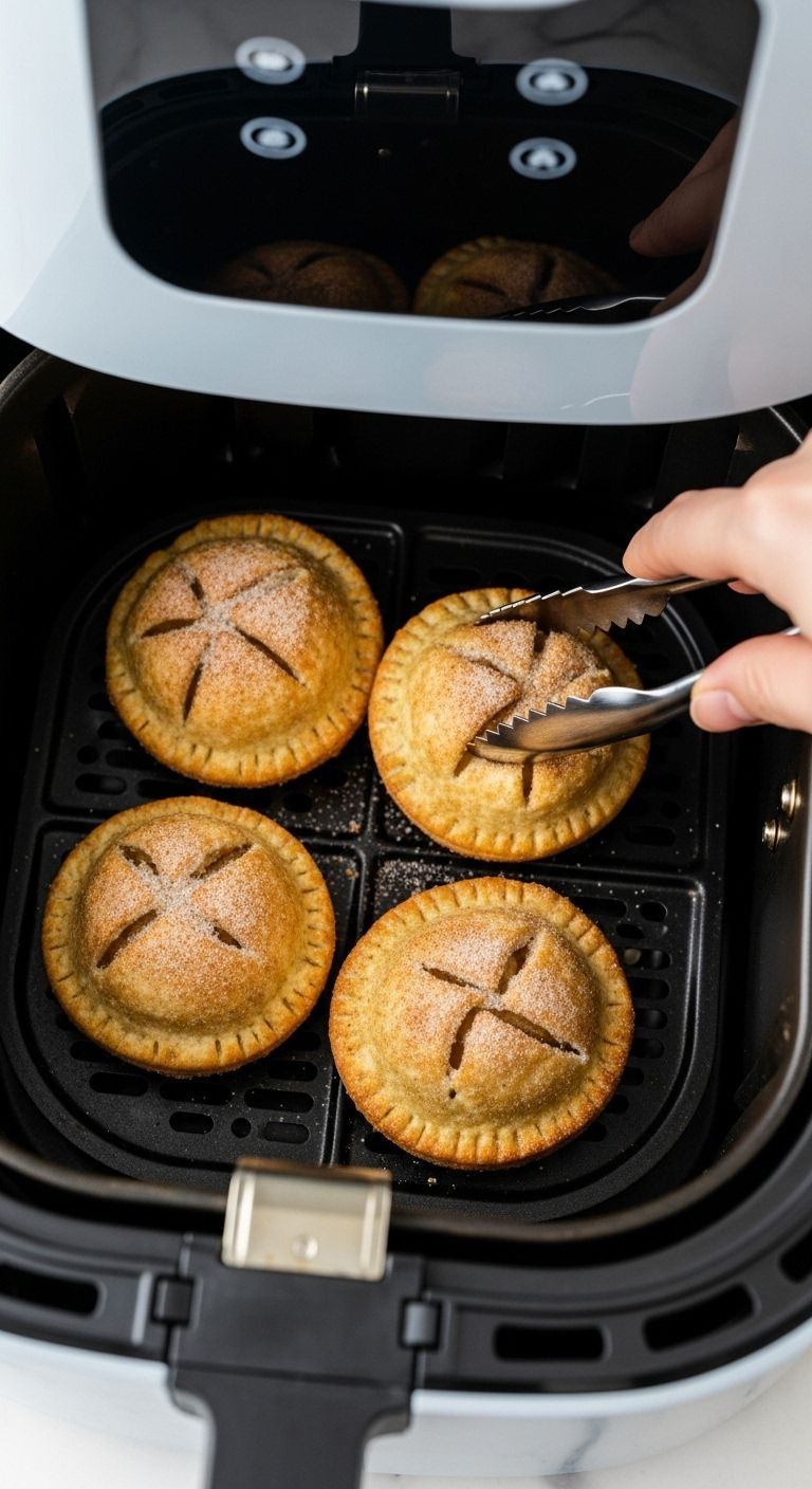 Close-up of crispy golden-brown apple pie bombs dusted with cinnamon sugar in an open air fryer basket, with a hand entering the frame to remove one.
