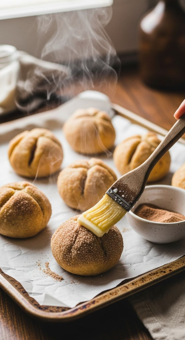 Freshly baked golden-brown apple pie bombs on a parchment-lined baking sheet, with one being brushed with melted butter and a bowl of cinnamon sugar nearby.