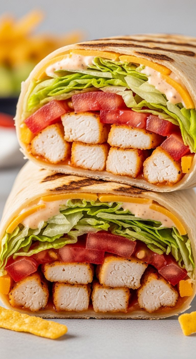 Chipotle Ranch Grilled Chicken Burrito with diced chicken, cheddar cheese, lettuce, tomatoes, and fiesta strips cut in half