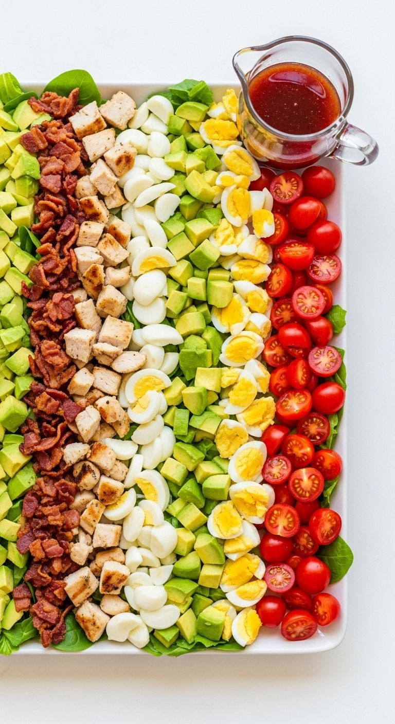 Meticulously arranged Chicken Cobb Salad with grilled chicken, bacon, avocado, egg, and vinaigrette on a white platter