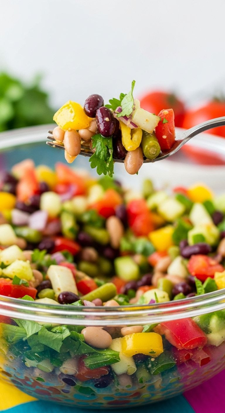 Fork lifting a bite of vibrant Mexican chopped salad with beans and vegetables