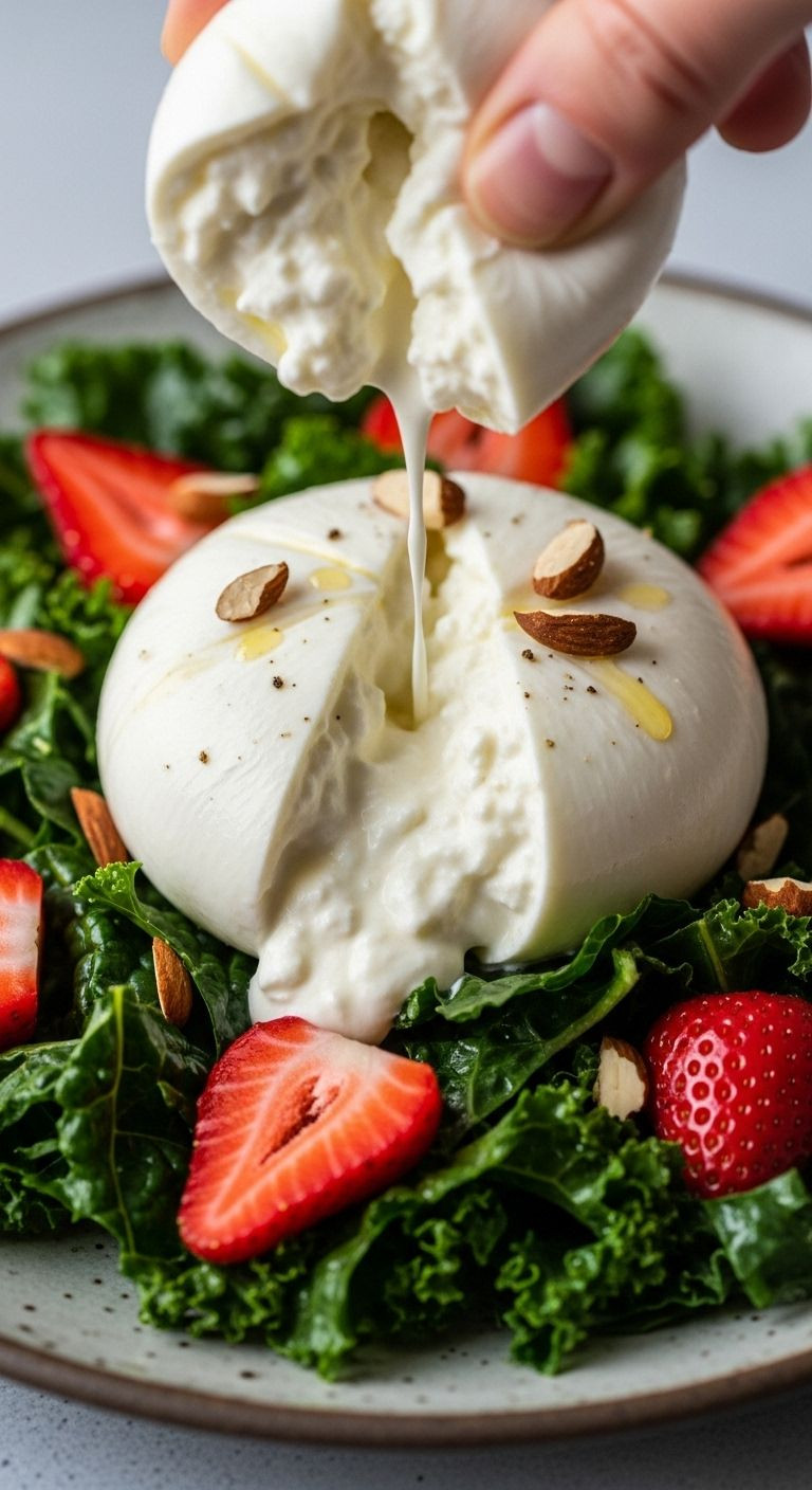 Close-up of burrata cheese spilling onto kale and strawberries with toasted almonds