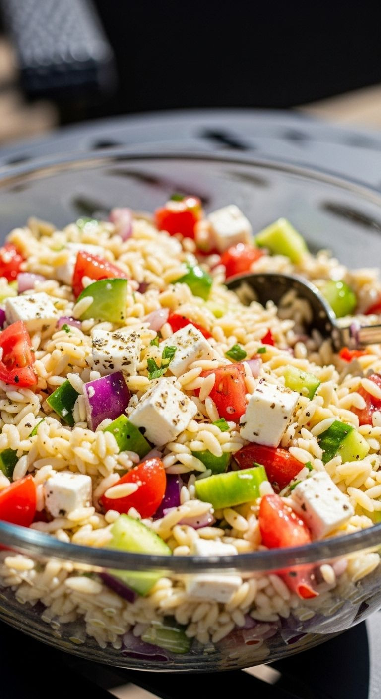Greek Orzo Salad with feta, tomato, and cucumber