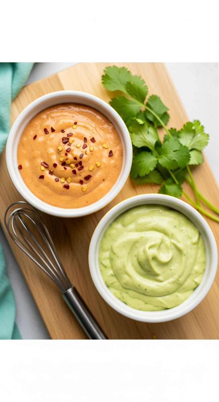 Chipotle sauce with red pepper flakes and avocado ranch sauce with cilantro on wooden board