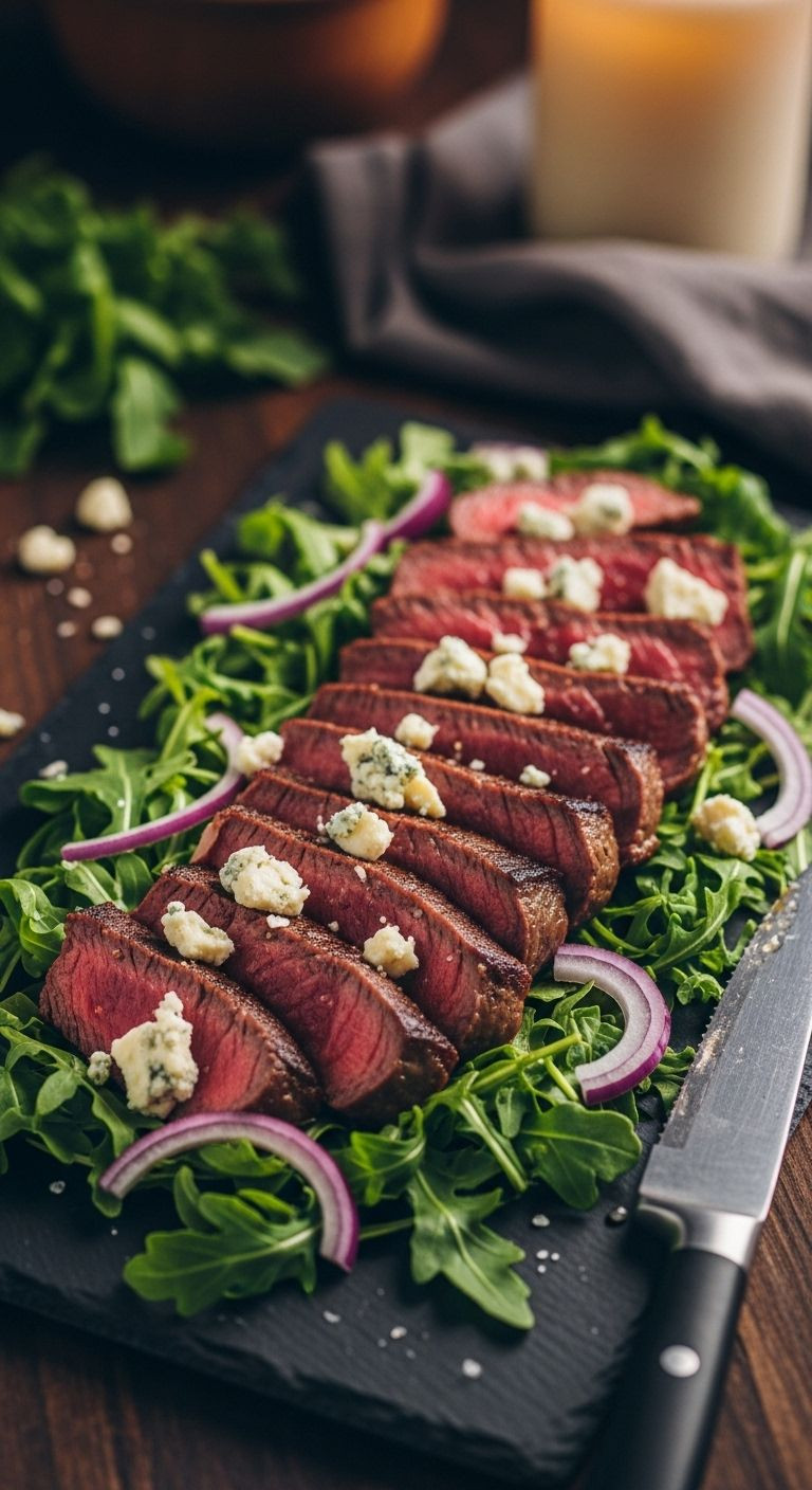 Medium-rare steak slices on arugula with blue cheese and red onion