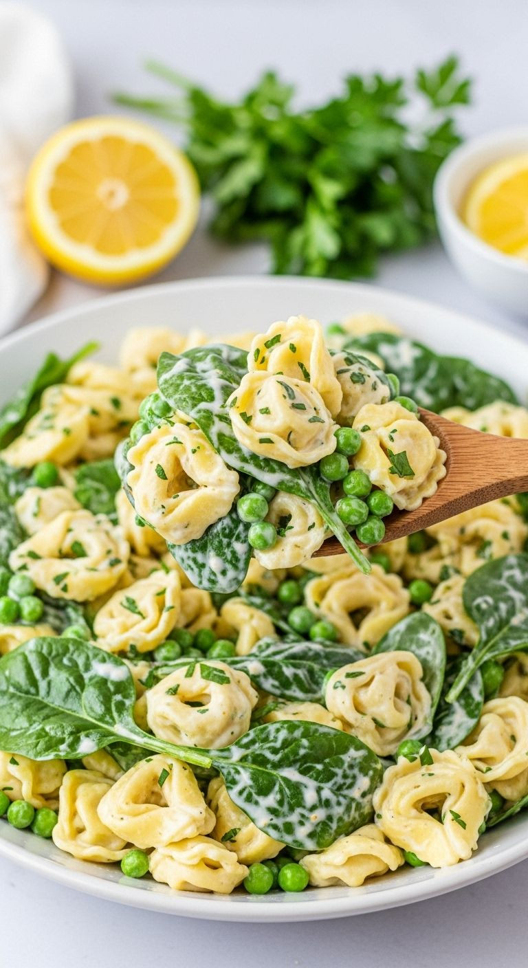 Creamy tortellini salad with spinach, peas, and lemon dressing