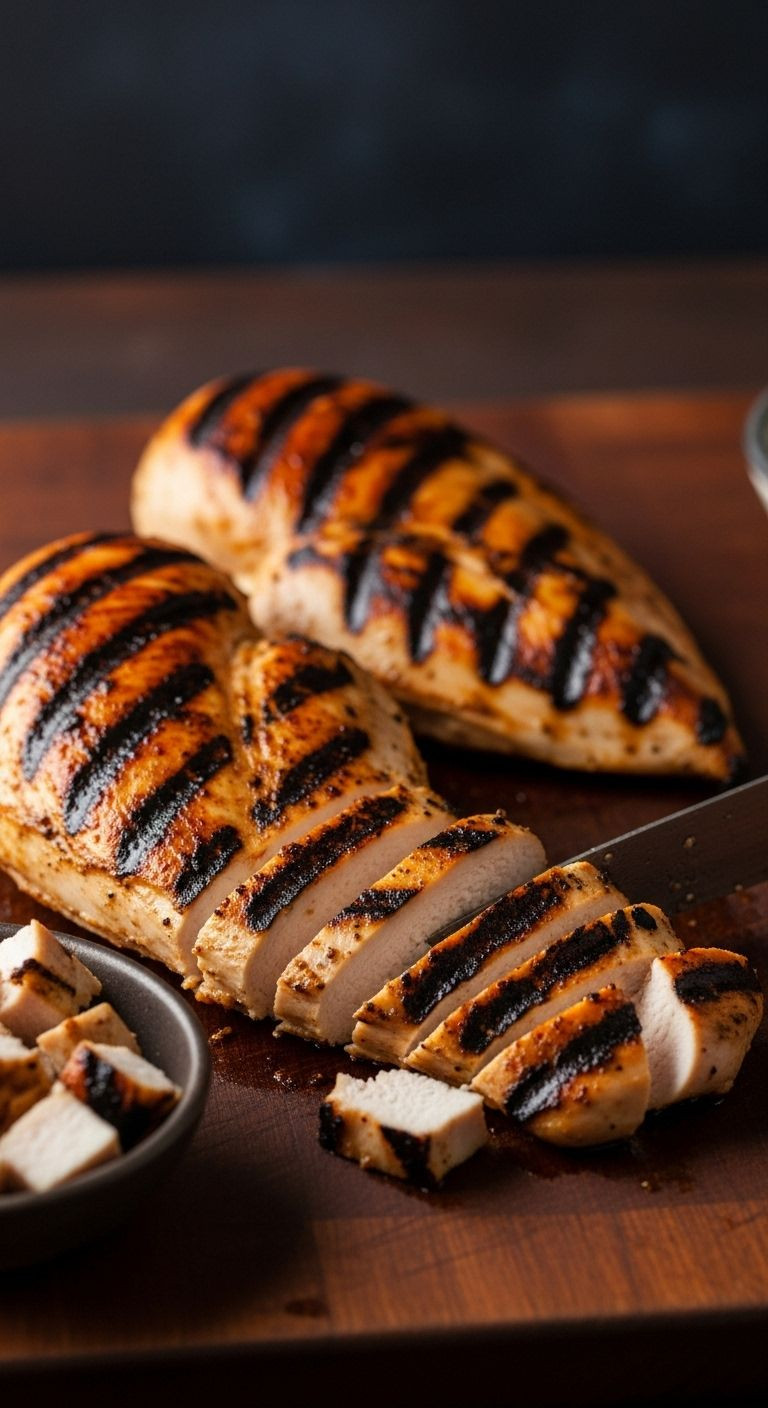Grilled chicken breasts being sliced on wooden cutting board with char marks and diced chicken in small bowl