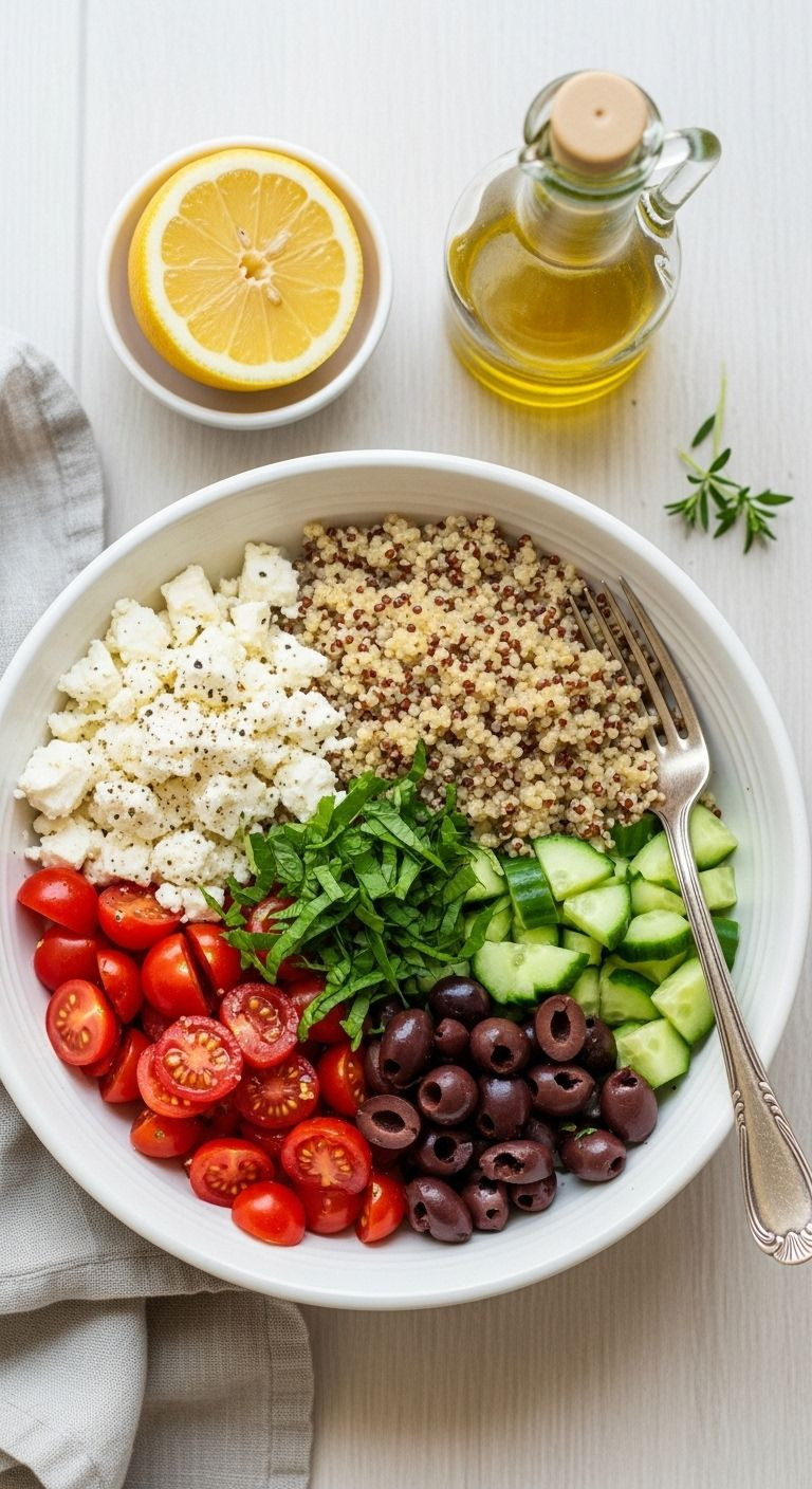 Mediterranean quinoa power bowl with feta, tomatoes, cucumber, olives, and lemon