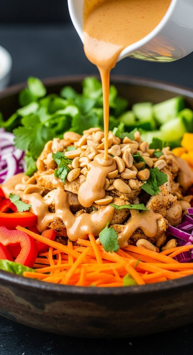 Spicy peanut dressing being drizzled over Thai chicken salad with colorful veggies and chopped peanuts