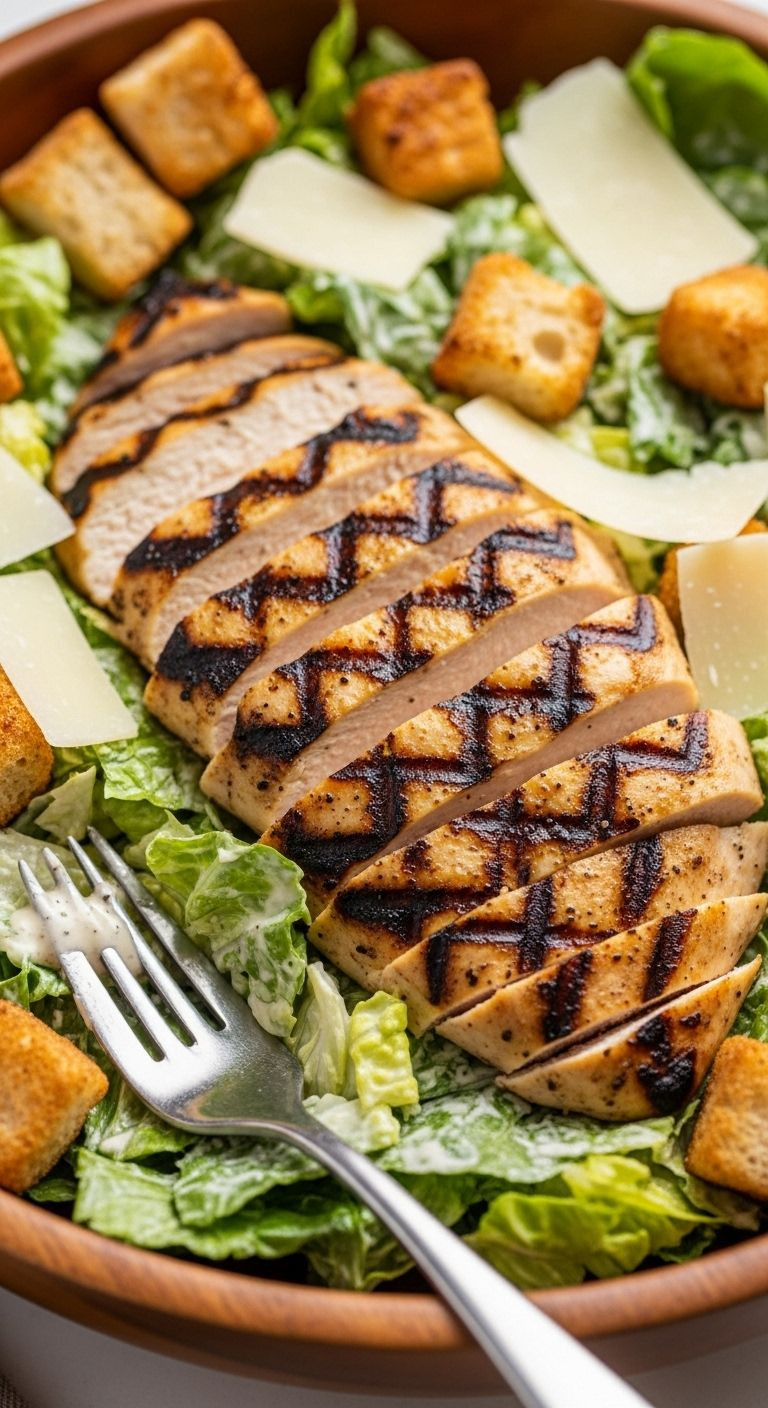 Close-up of Caesar salad with grilled chicken, croutons, and Parmesan