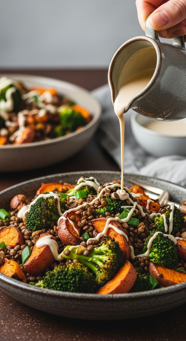 Roasted veggie and lentil salad with tahini drizzle