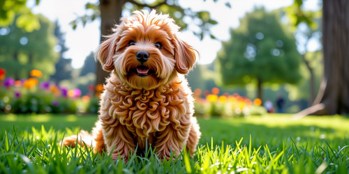 A whimsical vibrant scene featuring a delightfully plump apricot colored doodle dog The dog sits pro.jpg