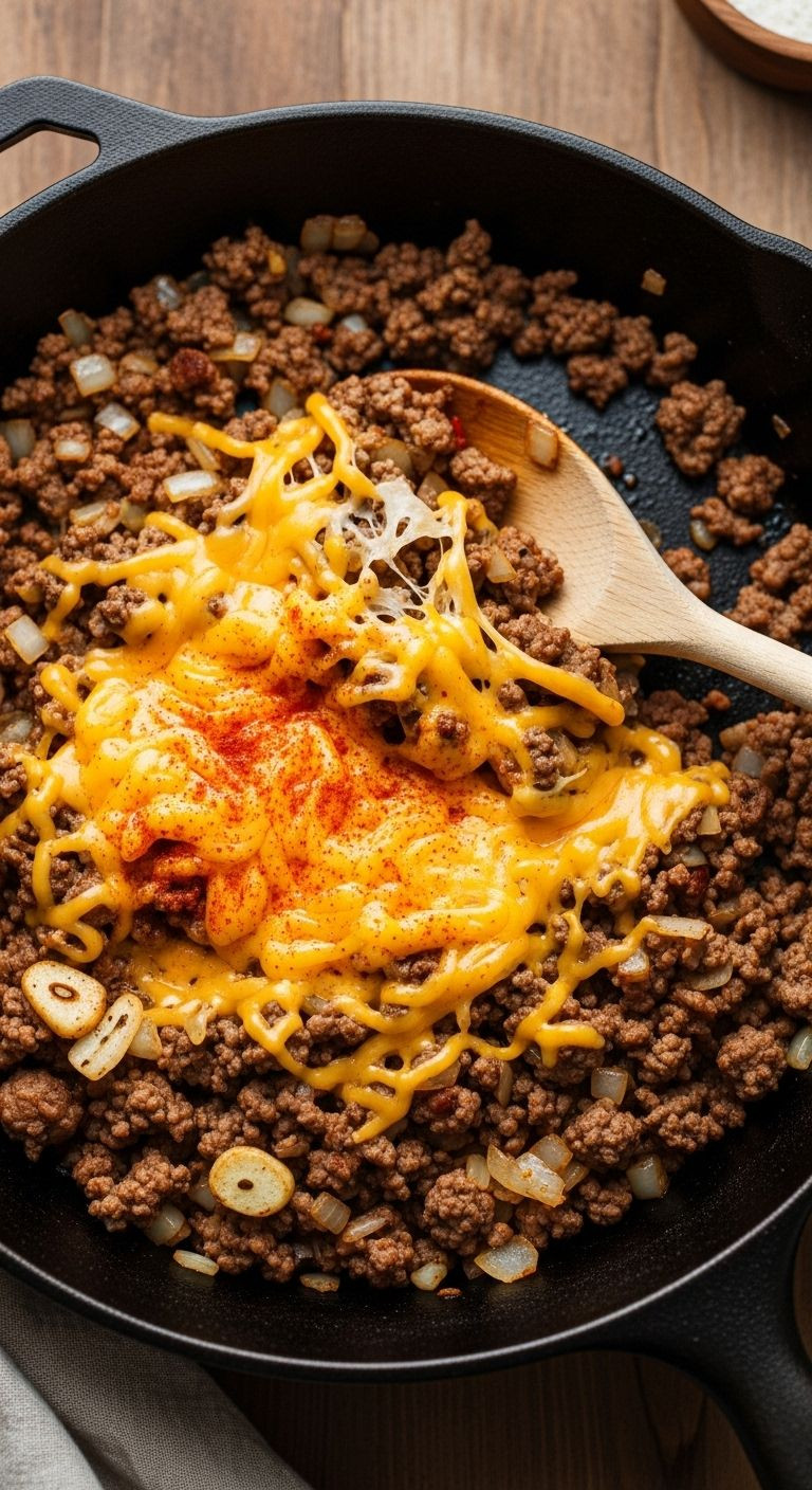 Close-up of a cast-iron skillet filled with browned ground beef, minced onions, garlic, and melted shredded sharp cheddar cheese, with a wooden spoon resting in the skillet.