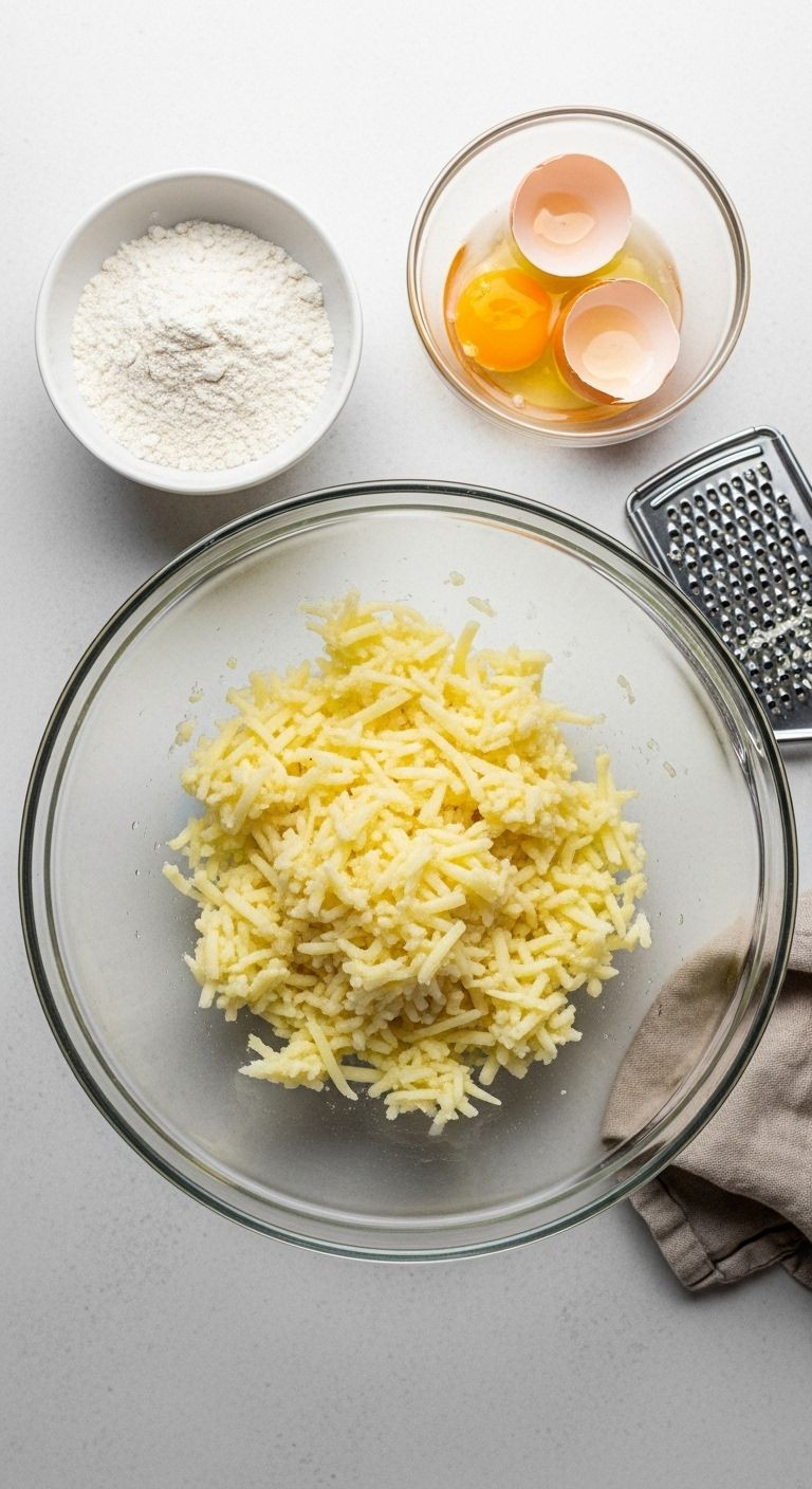 Overhead shot of freshly grated Russet potatoes in a glass bowl, with a small bowl of flour, cracked eggs, and a grater nearby, ready for mixing.
