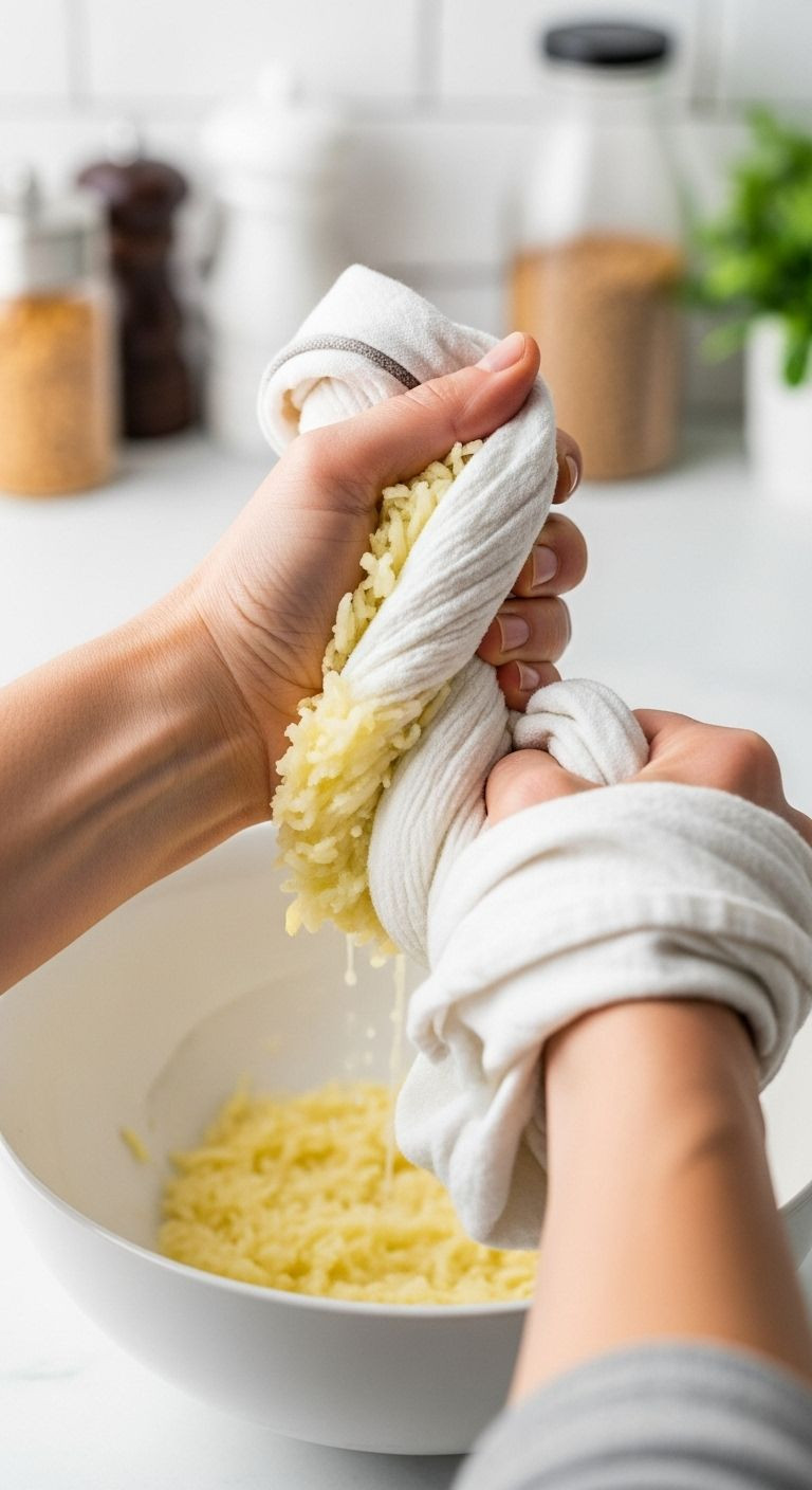 Hands holding a white kitchen towel filled with grated potatoes, twisting it tightly to squeeze out the liquid into a bowl.