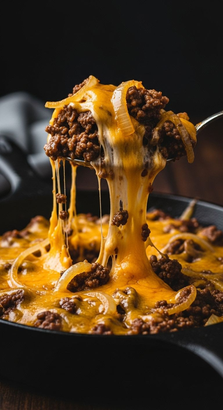 Close-up of a spoon lifting a scoop of cheesy beef filling from a cast-iron skillet, with melted cheese stretching from the spoon to the skillet.