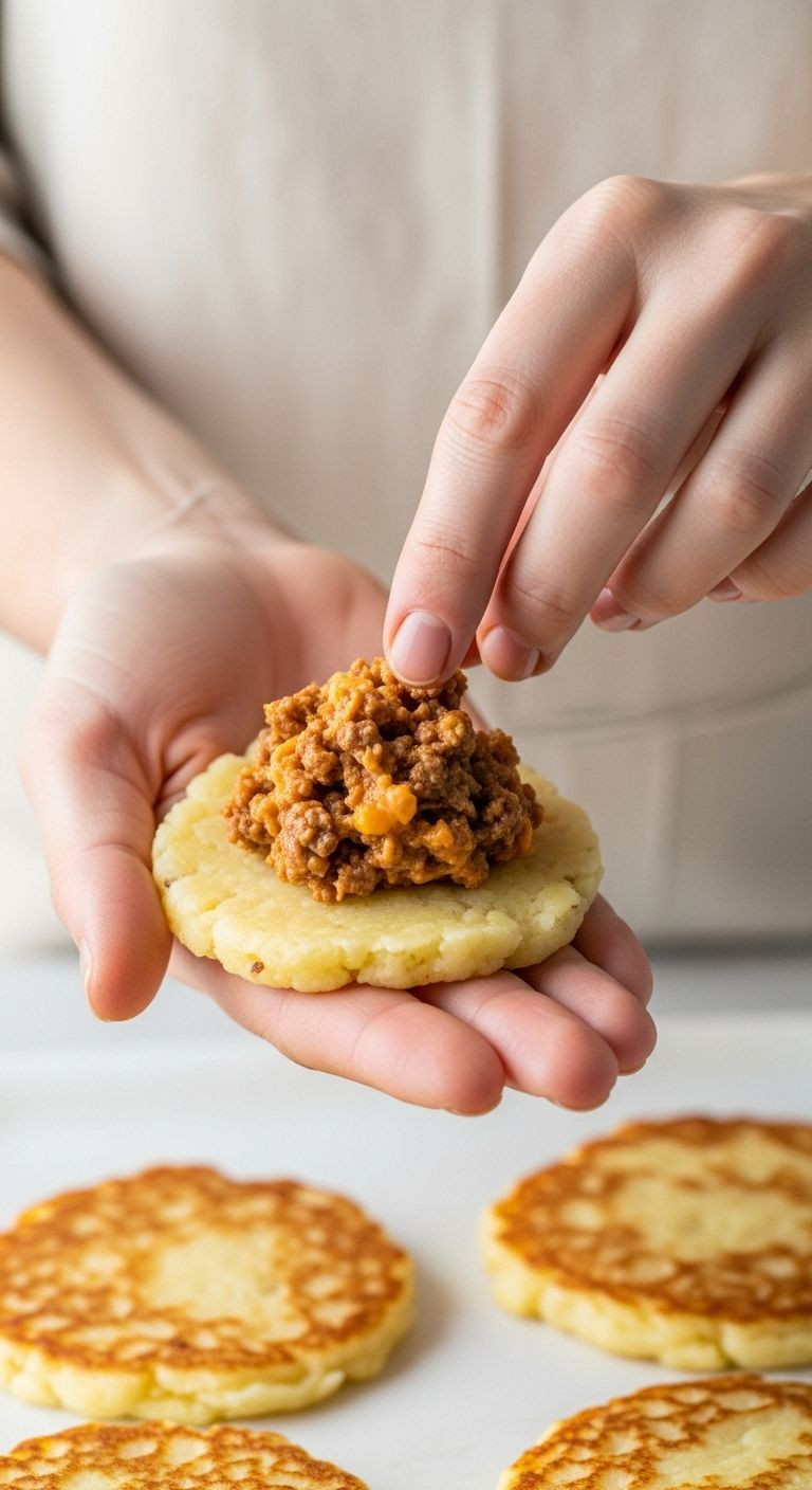 Close-up of hands demonstrating the stuffing process, with one hand holding a flattened potato patty and the other placing cheesy beef filling in the center.