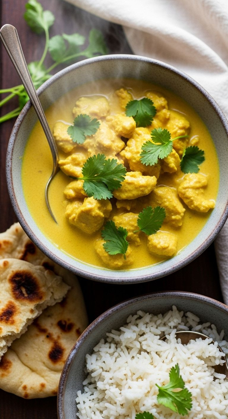 Overhead shot of creamy coconut chicken curry in a rustic ceramic bowl, garnished with fresh cilantro, with basmati rice and naan bread on the side.
