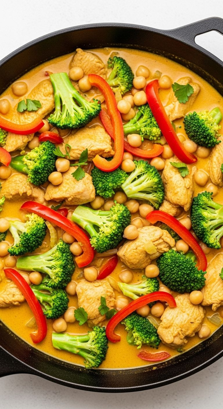 Top-down shot of a cast-iron skillet filled with vibrant coconut curry containing chicken, chickpeas, broccoli, and red bell peppers in a creamy sauce.