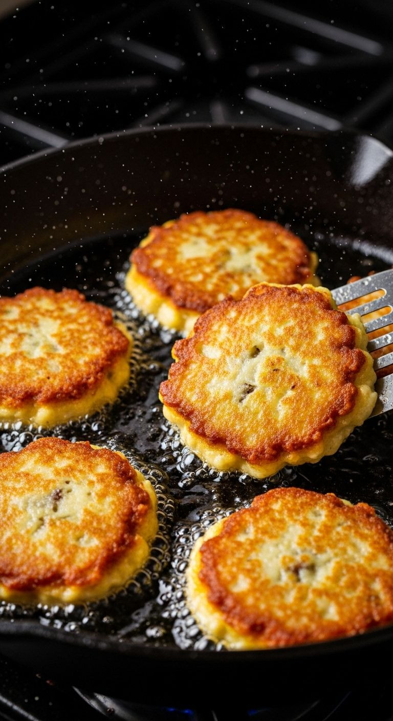 Stuffed potato pancakes sizzling in a hot cast-iron skillet, with one being flipped to reveal a golden-brown, crispy crust.